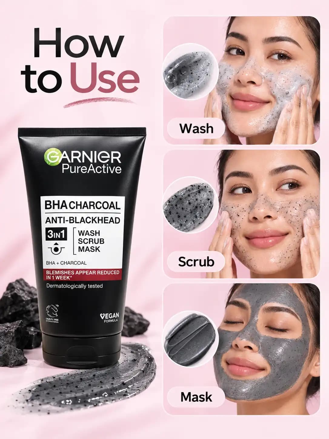 Garnier Pure Active BHA Charcoal 3in1 Wash Scrub Mask 150ml